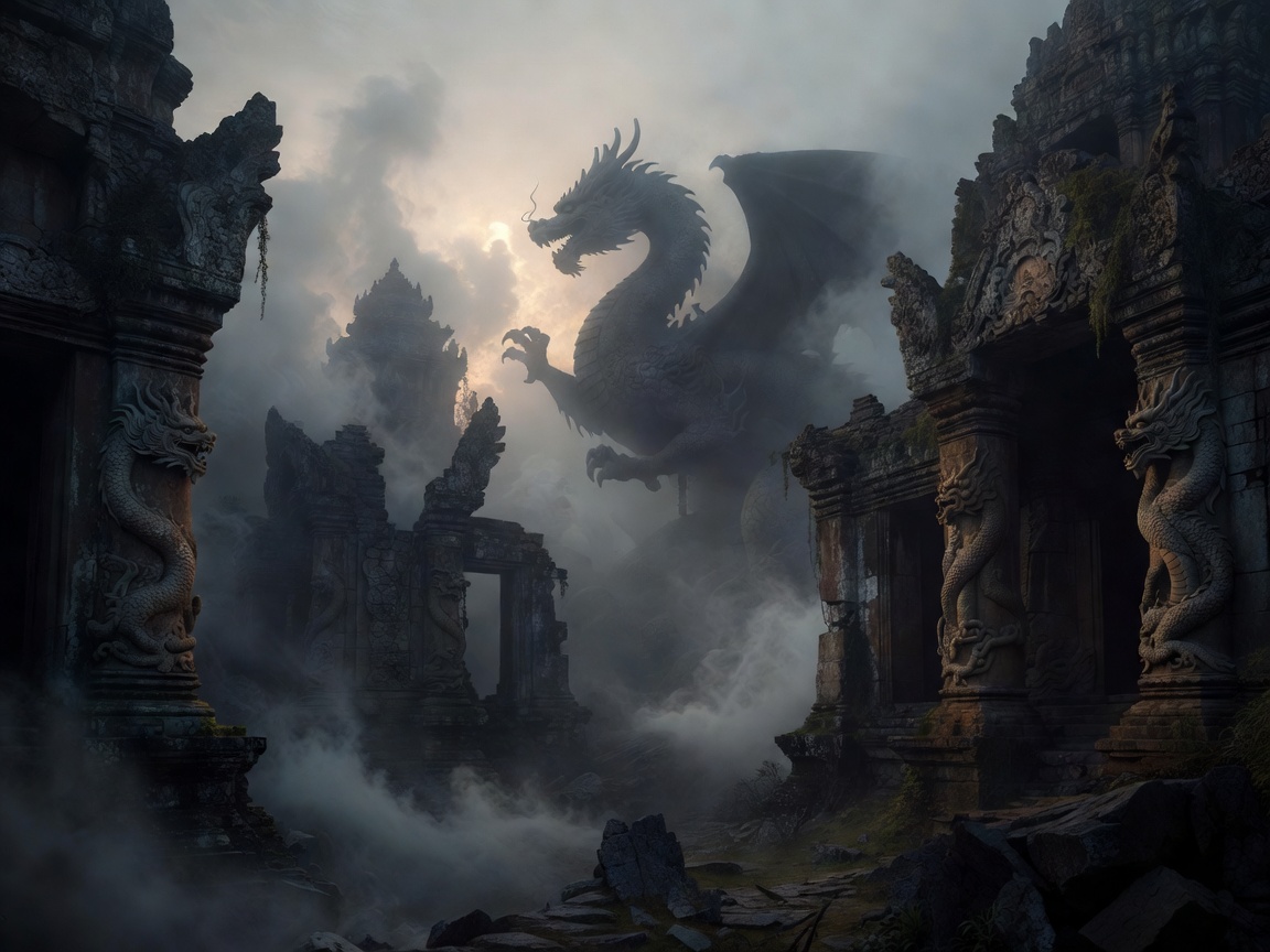 Silhouettes of ancient dragon temple ruins shrouded in mist