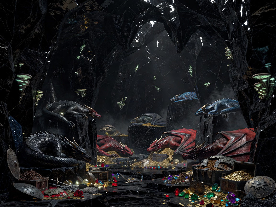Deep dark obsidian cave serving as the dragon sanctuary background